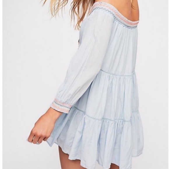 Free People Sunbeam Blue Embroidered Long Sleeve Off the Shoulder Dress Small - Picture 4 of 7